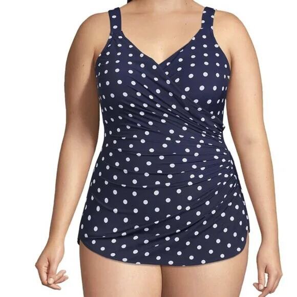 LANDS' END Polka Dot Slimming One-Piece Swimsuit Size 16L Modest Feminine - Picture 1 of 11